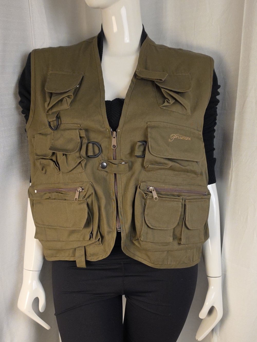 Men's Pflueger Zipper Front Olive Green Multi-Pocket Fishing Vest Size L/XL